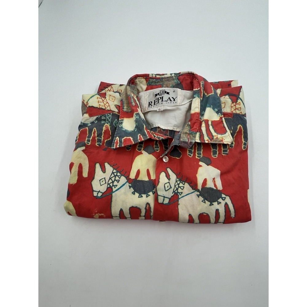 ViTG 90s Replay Mens Shirt L Reddish Button Down Repetitive Donkey Motif Italy